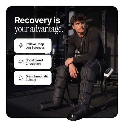 A man seated on a chair in a dark gym-like environment wearing a black leg massager device attached to his lower leg. Large text reads 'Recovery is your advantage.